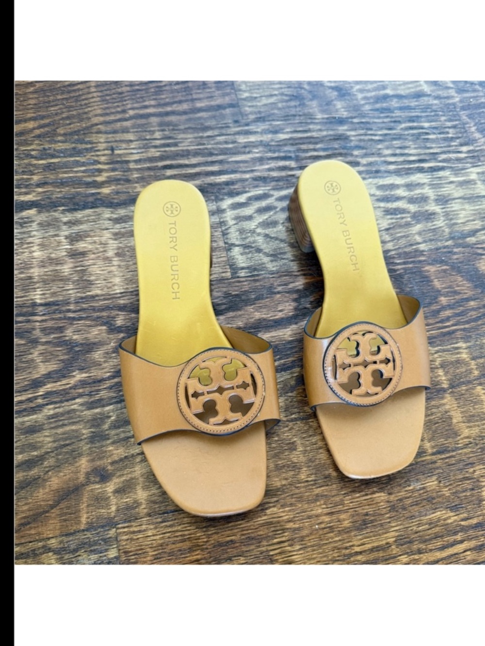 Tory Burch Tan Leather Logo Slide Sandals